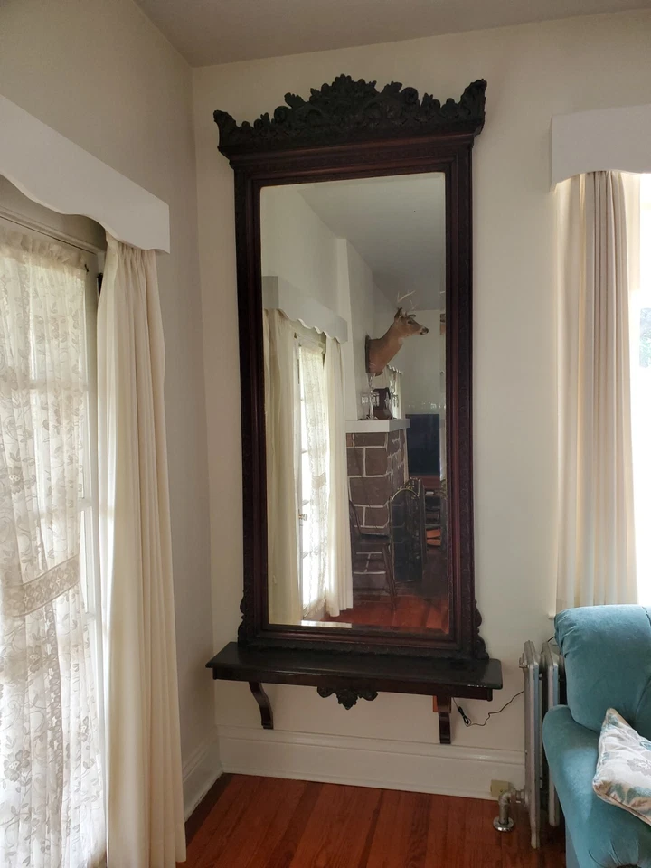 ANTIQUE VICTORIAN WALL MIRROR  1899, WALNUT WOOD AND PLASTER - Image 1 of 4