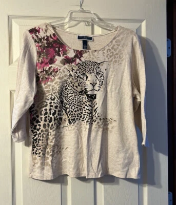 Karen Scott Women Tan Leopard Floral Shirt 1X - Image 1 of 4
