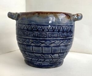 Asian Art Pottery Ash Glazed Heavy Crock: Blue, Brown Ombre. Artist Signed 金
