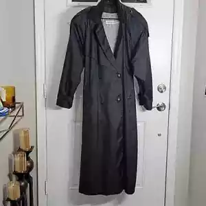 VTG J Gallery Double Breasted Black Maxi Trench Coat Size 14/Large - Picture 1 of 7