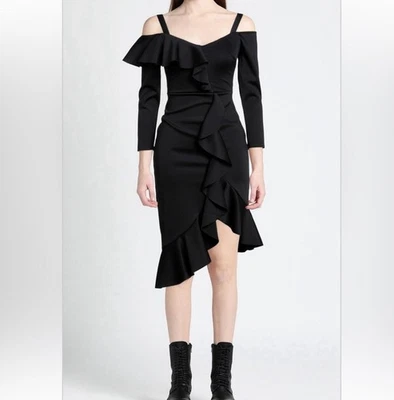 Marciano Elegant Black Ruffle Dress Size Large Long Sleeve - Image 1 of 3