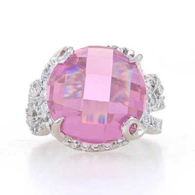 Sterling Rosa Zircone Cubico Halo Anello 925 Scacchiera Cabochon 28.60ctw Size 8 - Immagine 1 di 4