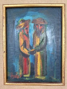 Jewish Culture Artwork Judaica Oil on Canvas Signed Israeli Art Two Men Rabbis - Picture 1 of 10
