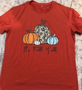 Orange SS Women’s Fall T-shirt Lg “It’s Fall Y’all” With Pumpkins - Picture 1 of 5