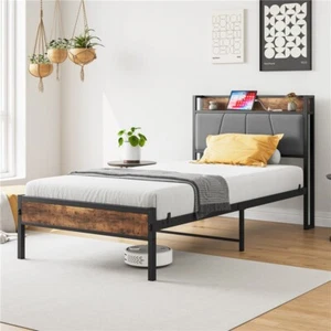 Twin Size Bed Frame Storage Headboard with Charging Station, Solid & Stable - Picture 1 of 8