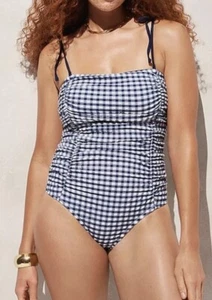 J. Crew Gingham Ruched One Piece Swimsuit 16 Swim Navy Blue White J.Crew NWOT - Picture 1 of 10