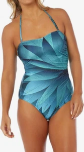 Seaspray Turquoise Swimsuit UK 10 Oneta Side Gather Bandeau Strapless Halterneck - Picture 1 of 3