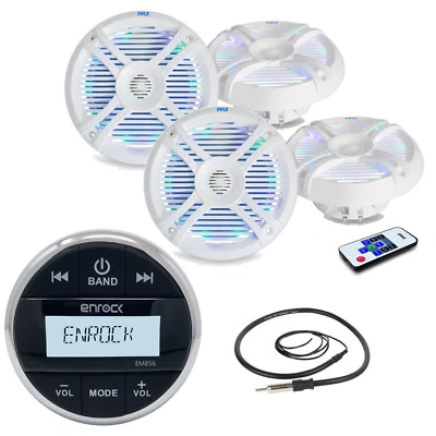 4 Marine Multi Color LED 6.5" Speakers, Bluetooth Round AUX Marine Radio/Antenna - Image 1 of 4