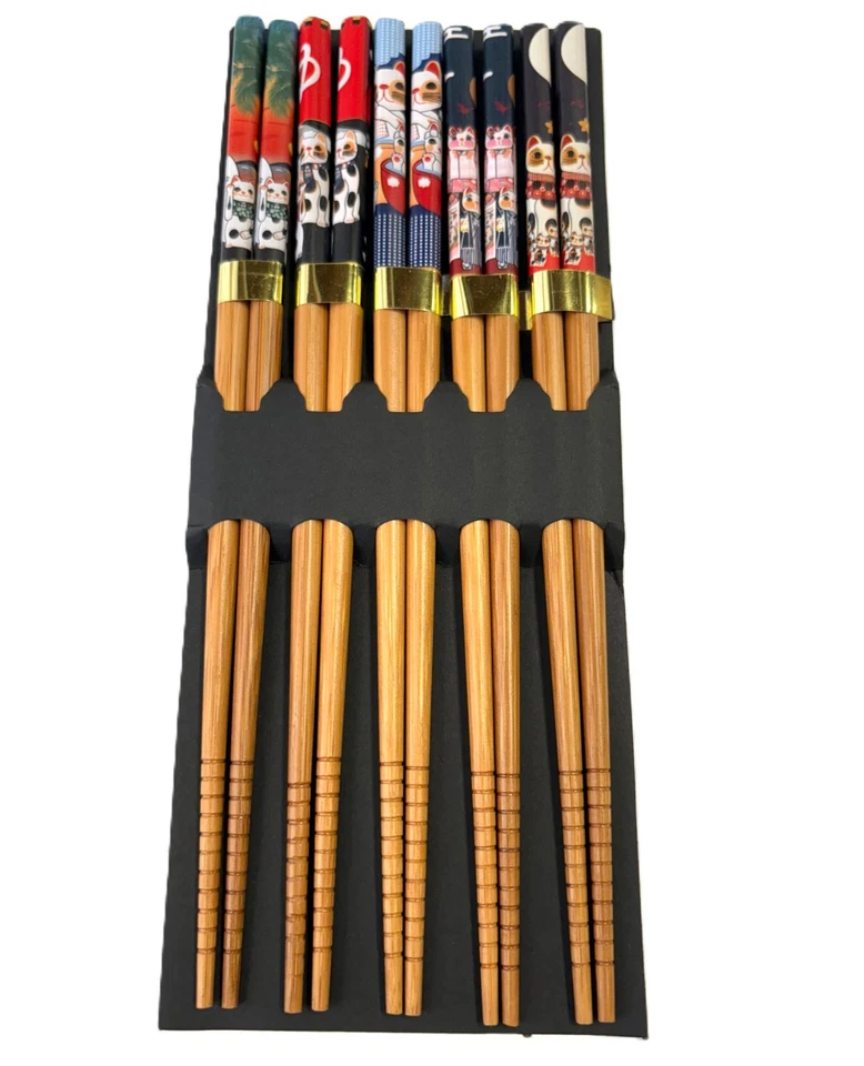 5 Paar Bambus Essstäbchen Set - Niedliches Glückskatzen Design - Wiederverwendbar E - Bild 1 von 1