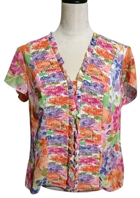 Coldwater Creek Cap Sleeve Blouse Button Up Shirred Orange Green Purple SZ Large - Image 1 of 4