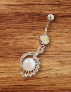 Simulated Pearl Crystal Belly Button Ring – Dangle Navel Barbell Piercing... - Picture 1 of 2