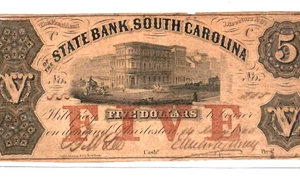 $5 "STATE BANK OF SOUTH CAROLINA" (CHARLESTON) 1800'S "BEAUTIFUL" NICE NOTE!! - Picture 1 of 3
