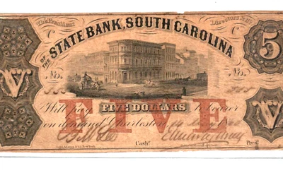 $5 "STATE BANK OF SOUTH CAROLINA" (CHARLESTON) 1800'S "BEAUTIFUL" NICE NOTE!! - Image 1 of 3