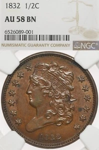1832 1/2C NGC AU58 Classic Head Half Cent - PQ Quality - Picture 1 of 3