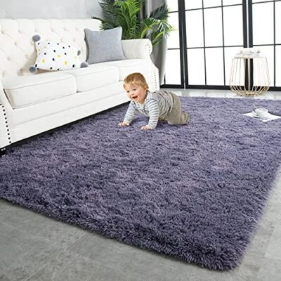  Super Soft Shaggy Rugs Fluffy Carpets Indoor Modern 8x10 Feet Grey Purple - Image 1 of 4