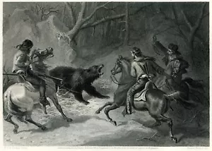 Steel Engraving NATIVE CALIFORNIANS LASSOING BEAR 1800s vintage print - Picture 1 of 6