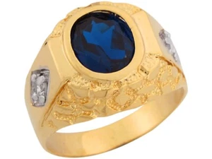10k or 14k Gold Simulated Sapphire CZ Accents Nugget Intriguing Mens Ring - Picture 1 of 4