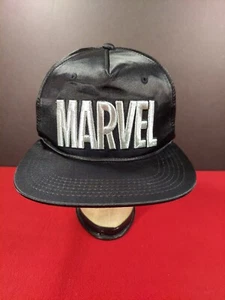 Marvel Black Satin Hat Silver Embroidered Snapback Shiny - Picture 1 of 13