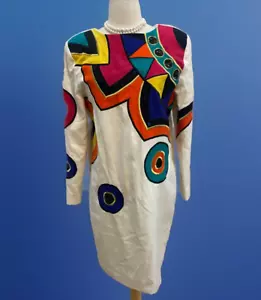 Vtg 80s STUNNING Geo Dress Knee Sheath Vintage IBE Mint Condition Sz 8 Fit S M - Picture 1 of 7