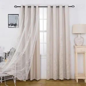 Double Layered Curtains Embroidered White Sheer Tulle Grommet Top Drapes,2Panels - Picture 1 of 37