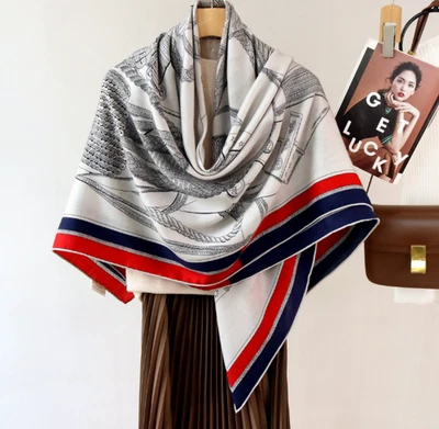 Mantón 70% Cachemira 30% Seda Gris Estampado Tótem 53"" Pañuelo Bufanda Pañuelo Nuevo Foto 1 de 4