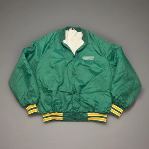 VTG 90s Green Nylon Bomber Jacket Men's XL Lumbermen's Building Center Saftey - Picture 1 of 24