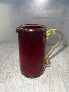 VINTAGE HAND BLOWN RUBY RED YELLOW HANDLE GLASS MINI PITCHER Creamer 3.5" T - Picture 1 of 7