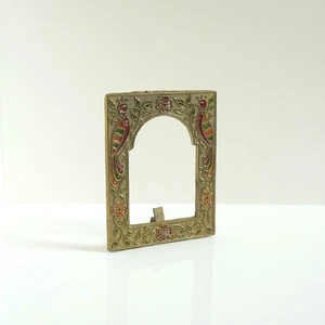 Vintage 1970s Brass Faux Cloisonné Picture Frame Mini Photo 3" Flower Peacock - Picture 1 of 6