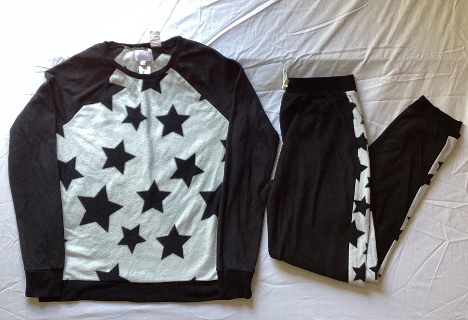 BCBG Girls 2pc Long Sleeve Top jogger Pant Pj Set Black Stars L 14/16 Fleece - Image 1 of 4