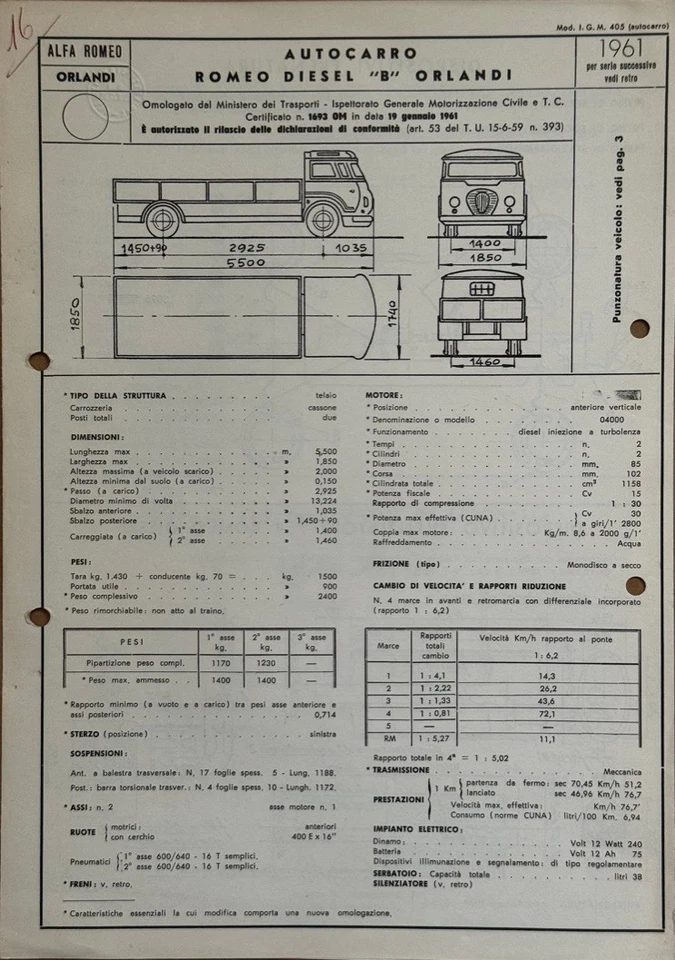 ALFA ROMEO AUTOCARRO B ORLANDI- Scheda originale certificato omologazione-1961- - Immagine 1 di 1