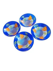 Vintage Blue Glass Bowls Set of 4 - Hand Painted Orange Tulips - 6.5" - Picture 1 of 6