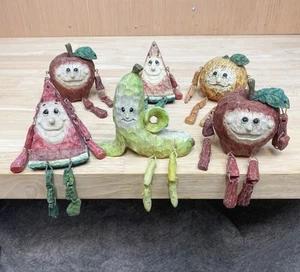 6 Anthropomorphic Fruit Shelf Sitters Vintage Resin Figurines Kitsch Jointed - Picture 1 of 15