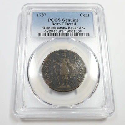 Moneda colonial de Estados Unidos Ryder 3-G #55339A 1787 P graduación profesional detalle F - centavo de Massachusetts Foto 1 de 4