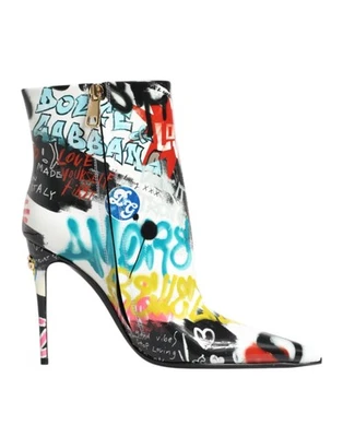 Dolce&Gabbana Mujer Multicolor Botas Cuero Cremallera Graffiti Print Zapatos Sz - Imagen 1 de 4