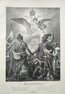 Holzstich Deutschlands Einigung & Gedicht Engel Krone Krieger Helden  ca 1890 