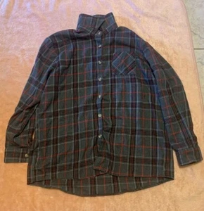 Unisex Red Black Grey Striped Plaid Long Sleeve Collared Shirt, L - Picture 1 of 7