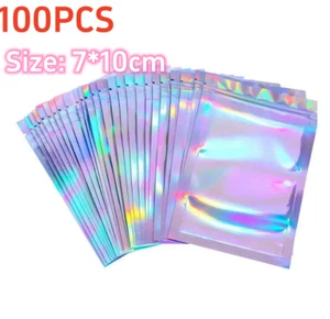 100pcs Iridescent Holographic Clear Foil Zip Lock Mylar Bags Sealable Storage - Picture 1 of 10