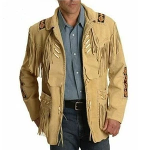 Men Suede Western Cowboy Leather Jacket With Fringe & Bead Work - Beige Yellow  - Picture 1 of 4