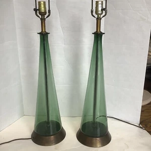 Pair of Vintage MCM Bottle Green Blown Glass & Brass Conical Atomic Lamps 35” - Picture 1 of 11