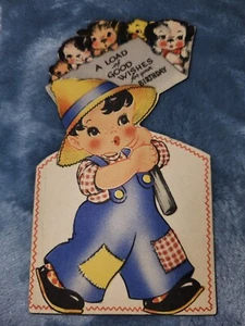 Vintage kleiner Bauerjunge mit 5 Welpen Geburtstagskarten Gibson USA - Bild 1 von 3