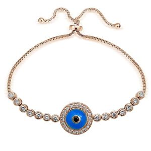 Rose Gold Tone over 925 Silver Blue CZ Enamel Round Evil Eye Adjustable Bracelet