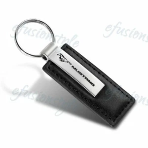 For Ford Mustang Black Leather Authentic Chrome Key Fob Keyring Keychain Tag - Picture 1 of 1