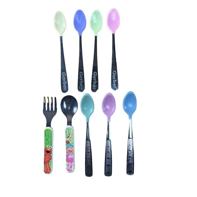 Lote de cucharas para bebé punta suave Gerber el primer año Plaza Sésamo + tenedor de acero inoxidable Foto 1 de 4