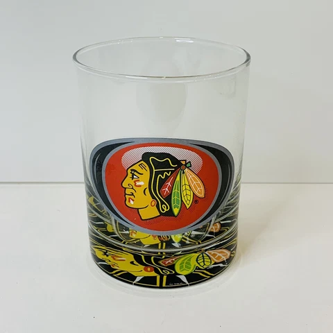 Vintage Chicago Blackhawks NHL Hockey Drinking Glass Tumbler Highball Souvenir Cover