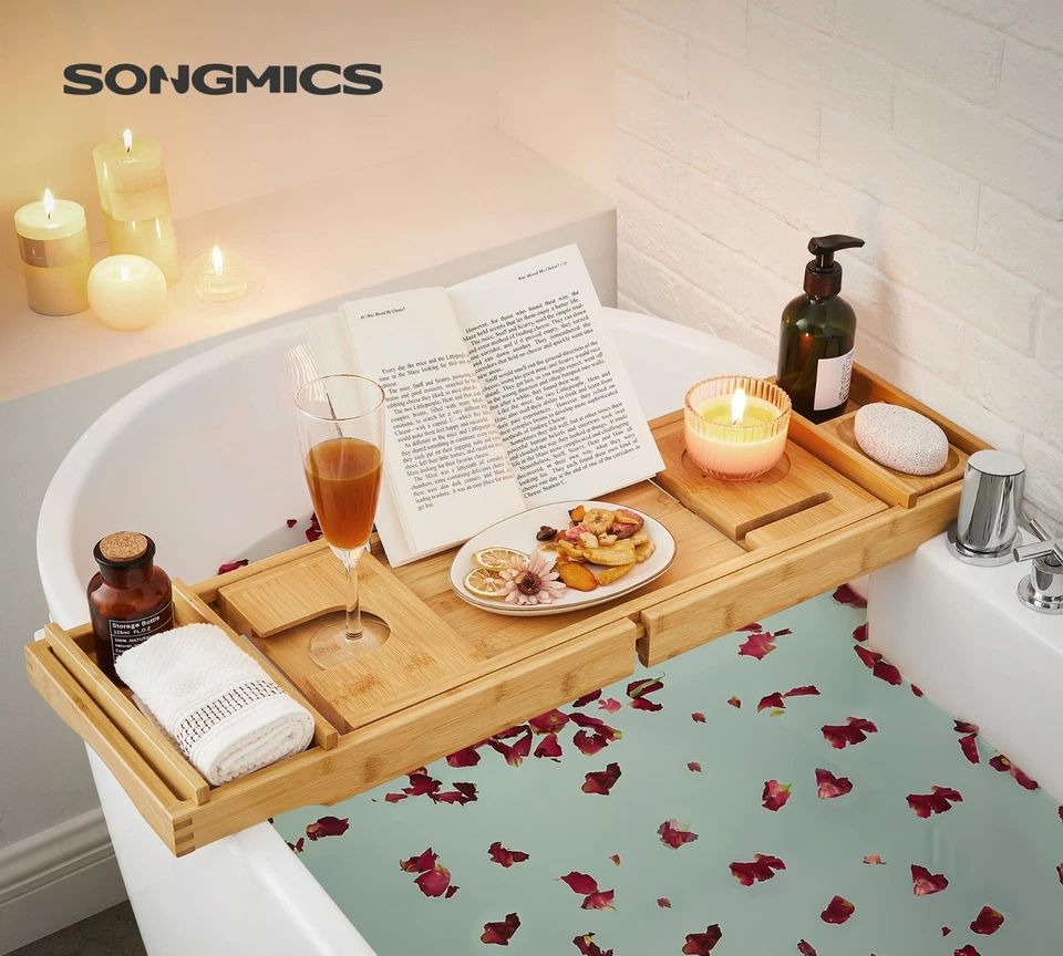 SONGMICS Ausziehbare Bambus Badewannenablage