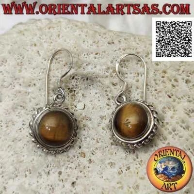 Orecchini Argento 925‰ occhio di tigre tondo cabochon contornato da linea elicoi - Immagine 1 di 4