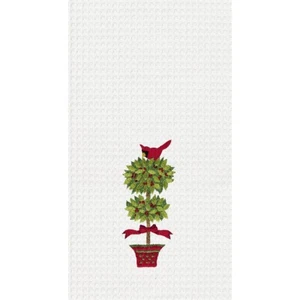 Cardinal in a Topiary Christmas Kitchen/Bar Towel-Cotton Waffle with Embroidery - Picture 1 of 1