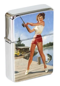 Pin-up Girl Fishing Flip Top Lighter - Picture 1 of 5