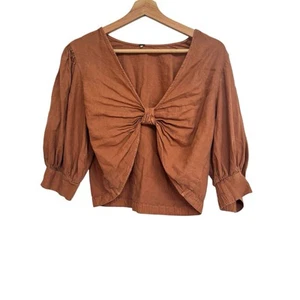 YFB Young Fabulous Broke Miranda Cropped Top Linen Blend Knot Front Brown Size L - Picture 1 of 5