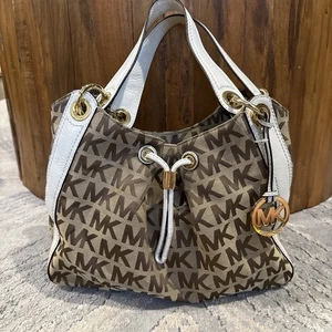 Michael Kors Handbag Leather Duffle Bag Fabric Coated Canvas BrownTanKhaki P - Picture 1 of 13